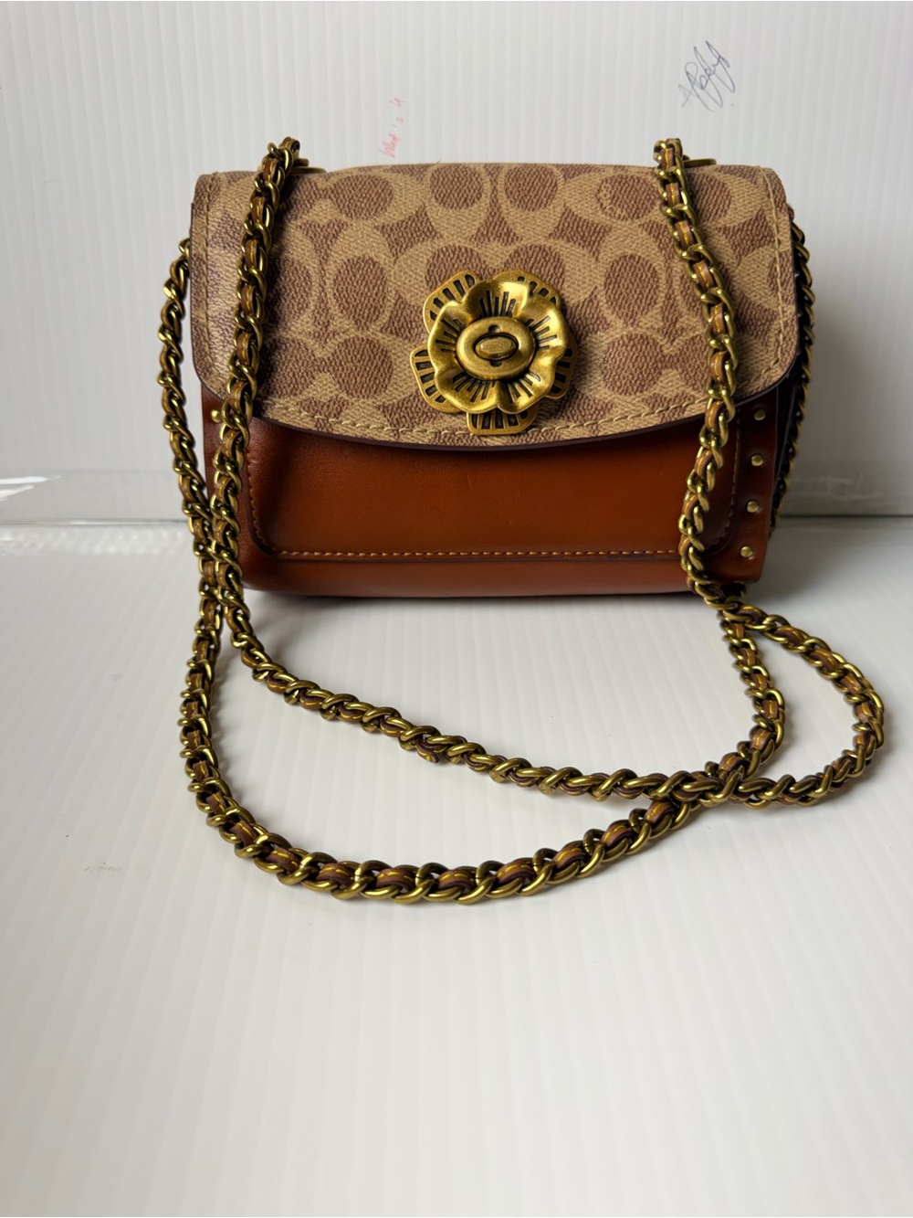 Coach Brown Signature Canvas & Leather Crossbody with Floral Turn-Lock